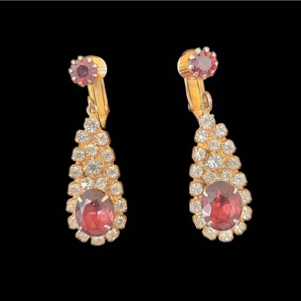 Elegant Gold Toned Rhinestone and Burgundy Gem Drop Clip On Statement Earrings